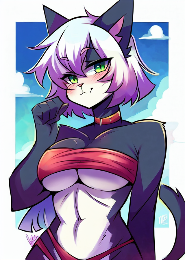 20221016104625-751200166-female anthro domestic cat, looking at viewer, curvy figure, white hair, gradient hair, green eyes, half-length portrait, bandea.png